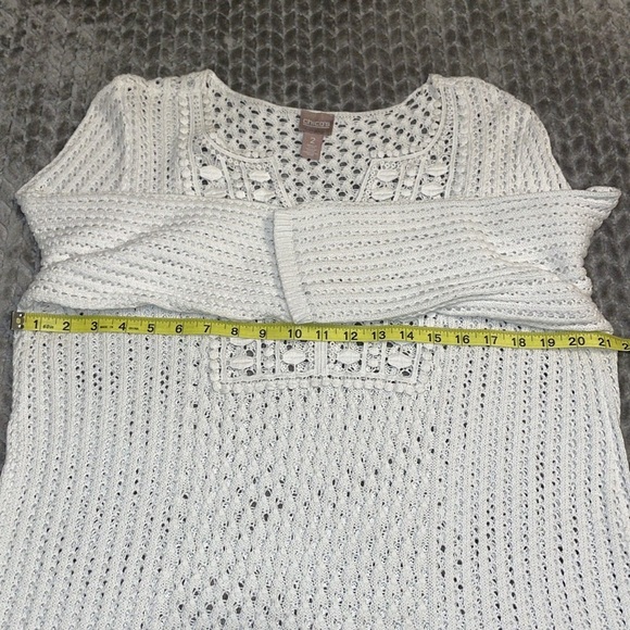 Chico’s Open Knit Crochet V-Neck Sweater Women Size 2 (12) 3/4 Sleeve White - Picture 9 of 11